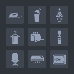 Premium set of fill icons. Such as van, tool, party, cup, bank, happiness, costume, clown, clothing, holiday, vehicle, funny, armchair, iron, coffee, sign, equipment, home, water, comfortable, happy