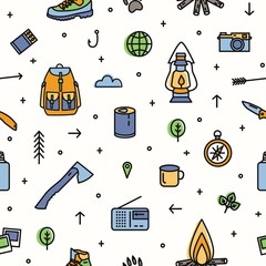 Modern seamless pattern with hiking and touristic equipment and tools for camping trip on white background. Tourism and adventure travel. Colorful vector illustration in trendy line art style.