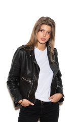 girl biker in a black jacket