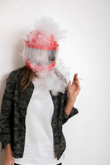 person imitate emotional top, vaping in helmut