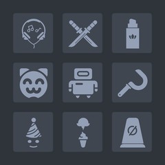 Premium set of fill icons. Such as sword, headset, agriculture, clown, road, party, beauty, listen, futuristic, birthday, machine, street, perfume, cat, cute, aroma, ninja, harvesting, katana, harvest