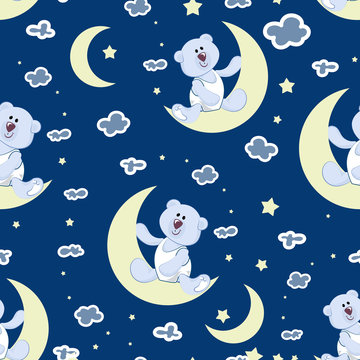 Starry sky, a young moon and a polar bear cub. Seamless pattern. BEDTIME STORY. Design for children's textiles, background image for packaging materials. Cartoon style.