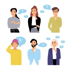 Bundle of thoughtful male and female cartoon characters and thought bubbles with question marks. Collection of portraits of men and women thinking isolated on white background. Vector illustration.