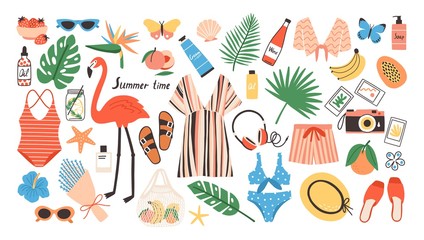 Collection of bright colored summer clothes, accessories, food products, tools or decorative design elements isolated on white background. Seasonal colorful vector illustration in modern flat style. © Good Studio