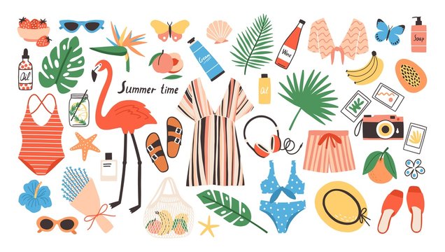 Collection of bright colored summer clothes, accessories, food products, tools or decorative design elements isolated on white background. Seasonal colorful vector illustration in modern flat style.