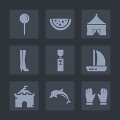 Premium set of fill icons. Such as wildlife, vegetarian, liquid, recreation, castle, circus, ocean, sport, medieval, wind, dolphin, ship, silhouette, tent, pin, festival, boat, watermelon, object, web