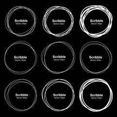 Set of 9 White Hand Drawn Scribble Circles. Vector illustration.