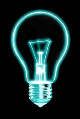 Outline of glowing light blue Light bulb, on black background