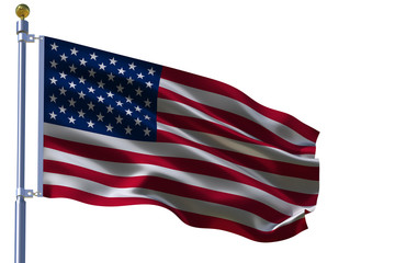 The silk waving flag of United States of America (USA) with a flagpole on white background. Isolated .3D illustration.