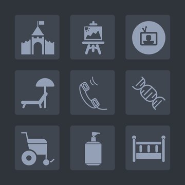 Premium set of fill icons. Such as art, chair, architecture, home, umbrella, bed, vacation, castle, screen, sea, cradle, beach, video, tv, television, paintbrush, medieval, brush, child, dna, painter