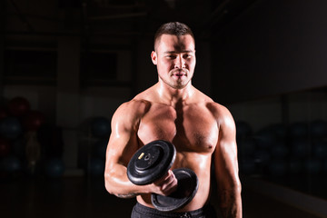 Fototapeta na wymiar Handsome power athletic man with dumbbell. Strong bodybuilder with six pack, perfect abs, shoulders, biceps, triceps and chest