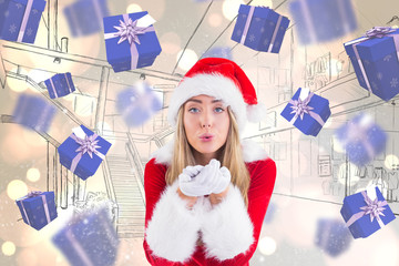 Pretty santa girl blowing over hands against white glowing dots on grey