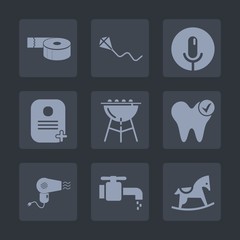 Premium set of fill icons. Such as toy, background, baby, horse, dryer, tape, health, audio, happy, dental, microphone, kite, leisure, cute, kid, sound, barbecue, joy, fun, hairdryer, childhood, sky