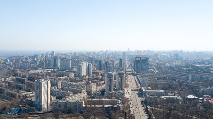 Beautiful area of kiev near the city center at sunrise time, aerial photography in Kiev, Ukraine.