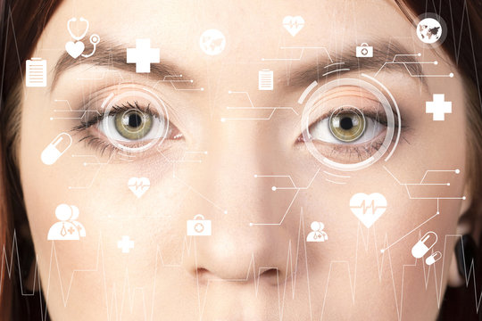 Future woman with cyber technology treatment eye panel concept healthcare