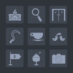 Premium set of fill icons. Such as animal, glass, dove, pigeon, web, entrance, sweet, cup, food, architecture, view, sickle, cafe, finance, photographer, photography, building, ice, bird, gardening