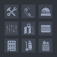 Premium set of fill icons. Such as map, cargo, kitchen, wrench, mobile, modern, city, internet, equality, equipment, truck, pin, hammer, location, road, hamburger, communication, construction, food