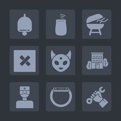 Premium set of fill icons. Such as bell, ring, concert, estate, closed, ufo, helmet, builder, alien, grill, business, button, real, grilling, house, cooking, monster, hospital, bbq, smart, gadget, hot