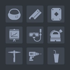 Fototapeta premium Premium set of fill icons. Such as knapsack, drill, annual, backpack, machine, hand, casino, hammer, poker, juice, graph, report, education, gambling, baggage, bag, tool, snorkel, cold, water, card