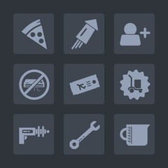 Premium set of fill icons. Such as light, ticket, technology, science, event, air, pizza, glass, equipment, celebration, container, food, dinner, festival, party, war, user, travel, add, firework, new