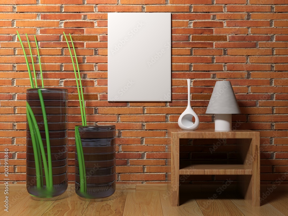 Poster vertical empty canvas hanging on the wall - 3d rendering