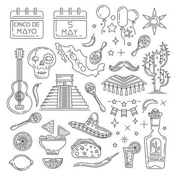 Cinco de mayo line icons set. Symbols collection for Federal holiday in Mexico. May 5. Annual Mexican celebration. Vector illustration