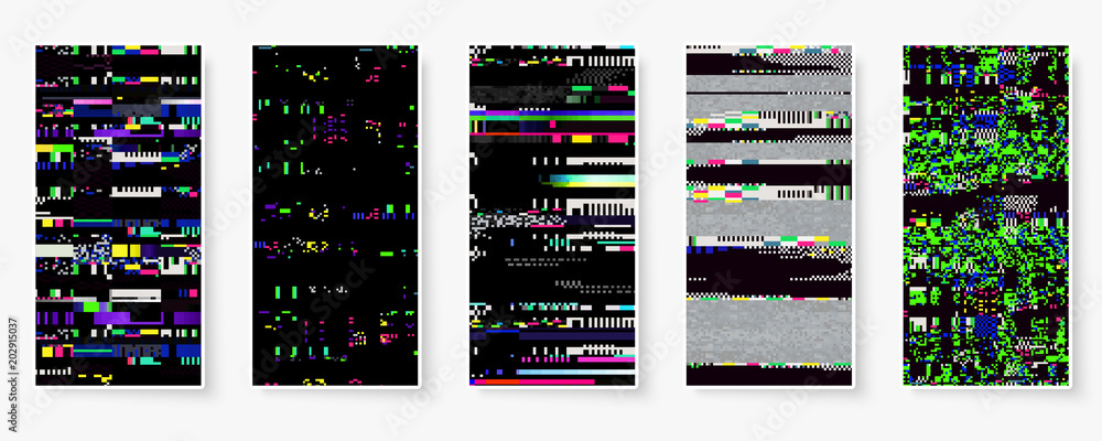 Poster glitch backgrounds set. mobile device screen error. digital pixel noise abstract design. device sign