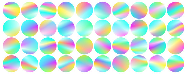 Holographic round frames set. Trendy backdrops for logos, signs or letering. Hologram bubbles. Pastel smooth textures. Modern vector backgrounds for web design or printed products.