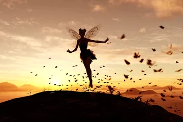 Fotobehang 3d rendering of a fairy on a tree trunk on the sky of a sunset or sunrise surrounded by flock butterflies © Joelee Creative
