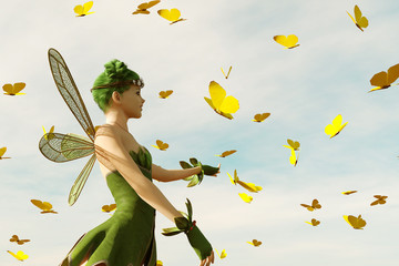 3d rendering of a fairy flying on the sky surrounded by flock butterflies © Joe Therasakdhi