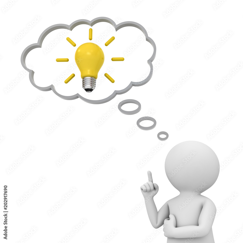 Leinwandbilder 3d man thinking with idea bulb in thought bubble above his head isolated over white background. 3D rendering.