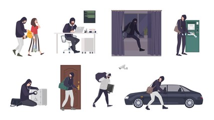 Collection of scenes with male thief or burglar wearing mask and black clothes stealing things from woman s handbag, ATM, safe box, car, apartment or house. Flat cartoon colorful vector illustration.
