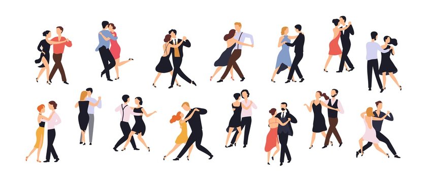 Collection of pairs of dancers isolated on white background. Men and women performing dance at school, studio, party. Male and female cartoon characters dancing tango at Milonga. Vector illustration.