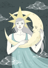 Girl with moon. Vector illustration.