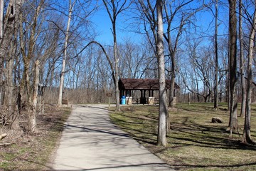 The long walkway in the park in the wooded area.