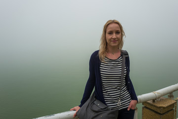 Caucasian girl in foggy Sapa, Vietnam.