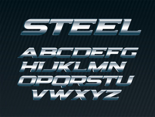 Steel font, metal letters set, chrome alphabet, silver vector letters, bold italic uppercase font for man on black background.