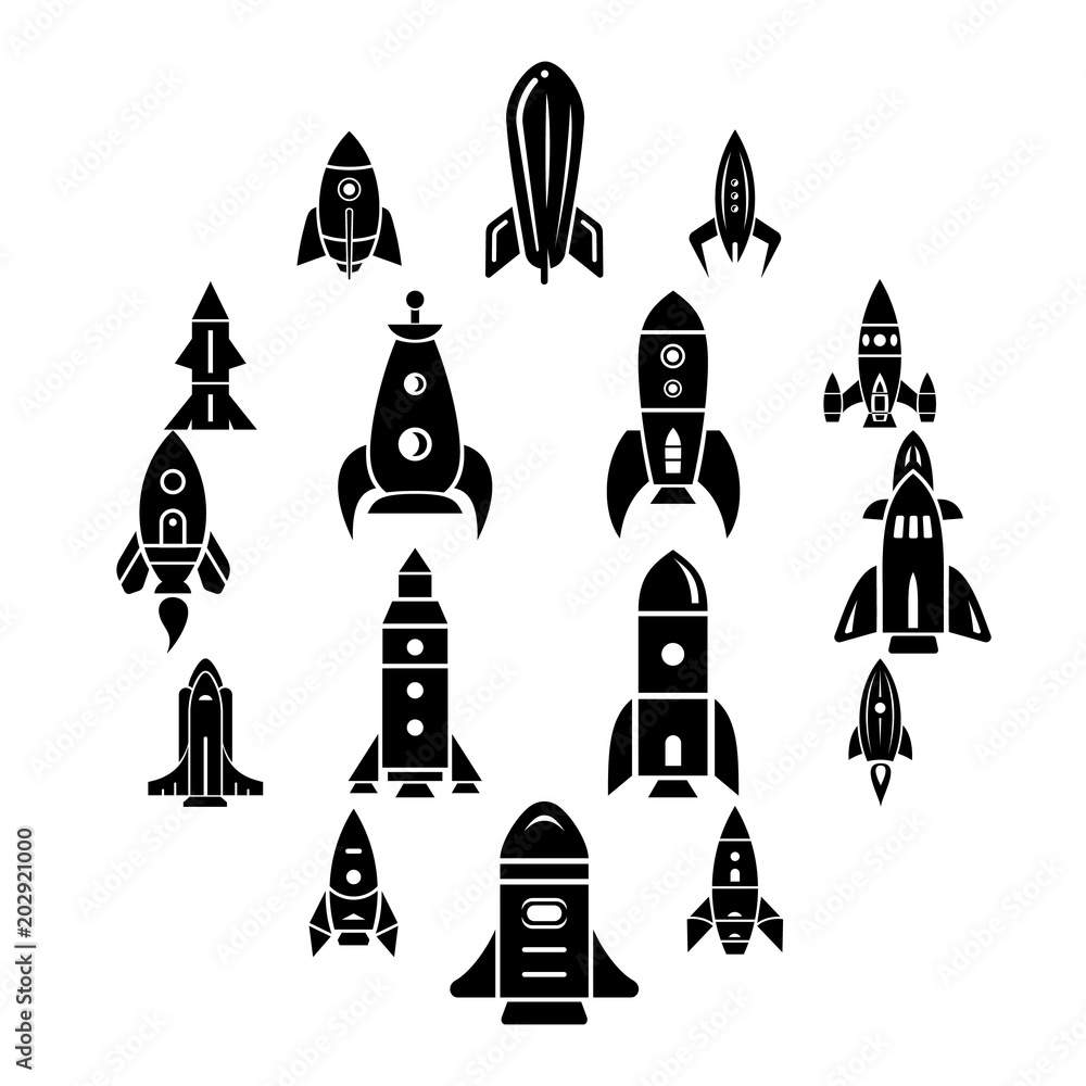 Poster rocket icons set. simple illustration of 16 rocket vector icons for web