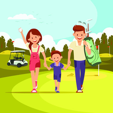 Happy Couple With Golf Clubs Leading Son to Play Golf. Golf Course. Family Holiday. Vector Illustration. Family leisure.