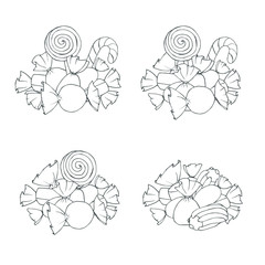 Hand drawn vector set of marshmallow and wrapped candies piles contours isolated on the white background. Decoration with sweets outline.