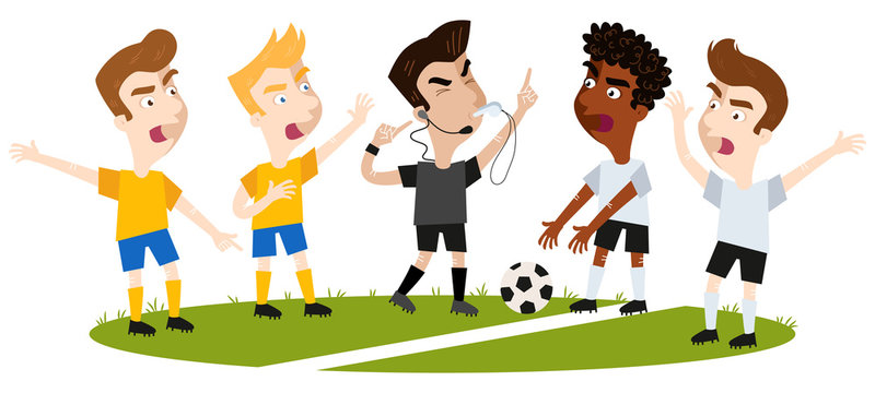 Cartoon Fußballspieler verschiedener Mannschaften auf Fußballfeld streiten und gestikulieren, Auseinandersetzung, Schiedsrichter pfeift und zeigt auf sein Headset
