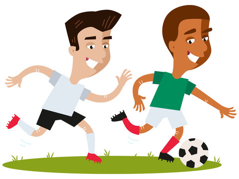 Zwei Cartoon Fußballspieler kämpfen um den Ball, lachen und jagen hinter Fußball her, Zweikampf mit Fußballspielern verschiedener Herkunft