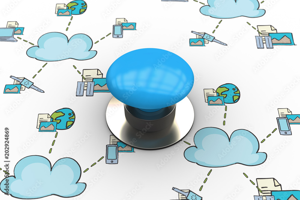 Poster the word start and blue push button against cloud computing doodle