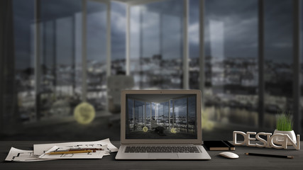 Architect designer desktop concept, laptop on wooden work desk with screen showing interior design project, blurred draft in the background, modern panoramic room idea template