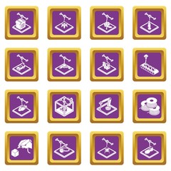 3d printing icons set vector purple square isolated on white background 