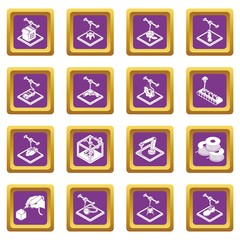 3d printing icons set vector purple square isolated on white background 