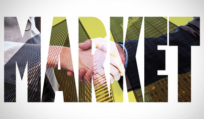 The word market  and close up of two businesspeople shaking their hands against skyscraper