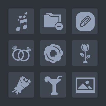 Premium set of fill icons. Such as spring, romance, office, floral, musical, paper, information, note, frame, file, wedding, archive, treble, sound, data, drink, document, cake, food, paperclip, music