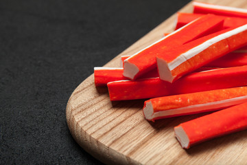 Japanese sticks surimi - imitation crab meat. Copy space for text.