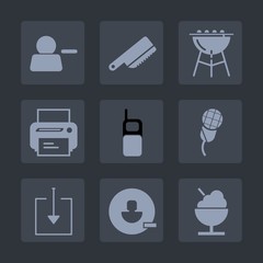 Premium set of fill icons. Such as grilled, account, grill, pictogram, delete, avatar, mic, music, equipment, web, printer, sign, silverware, phone, communication, mobile, food, fork, download, button